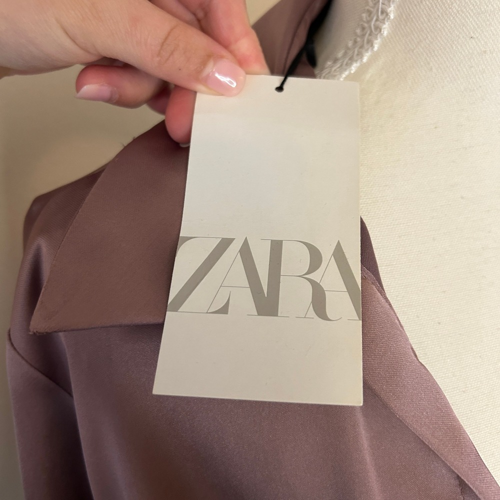 Zara Mauve Pink Satin Twisted Front Mini Shirt Cocktail Dress Small - Picture 3 of 14